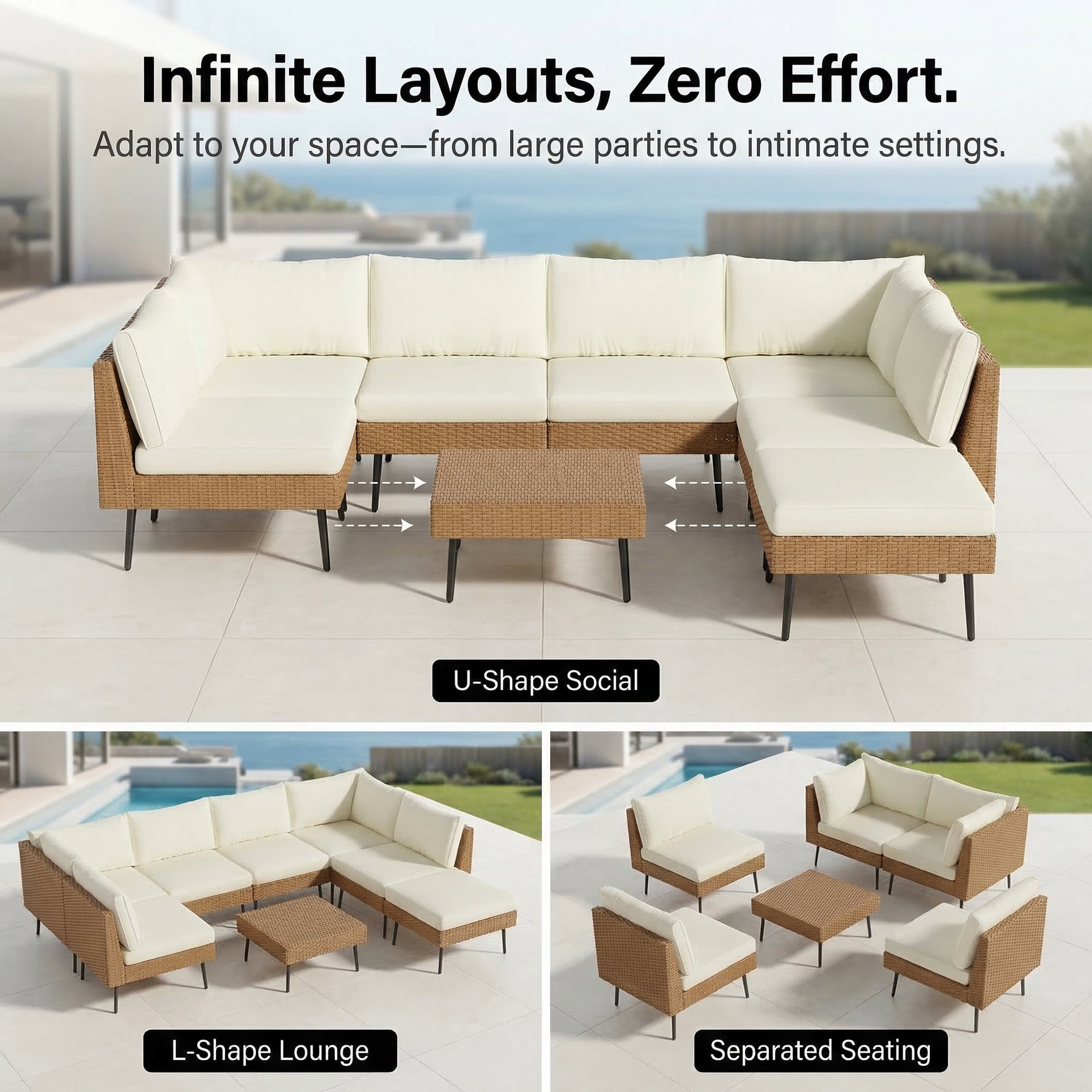 LAZZO 8-Piece Outdoor Wicker Conversation Set, All-Weather Sectional Sofa with 6 Chairs & 2 Ottomans, Beige Cushions