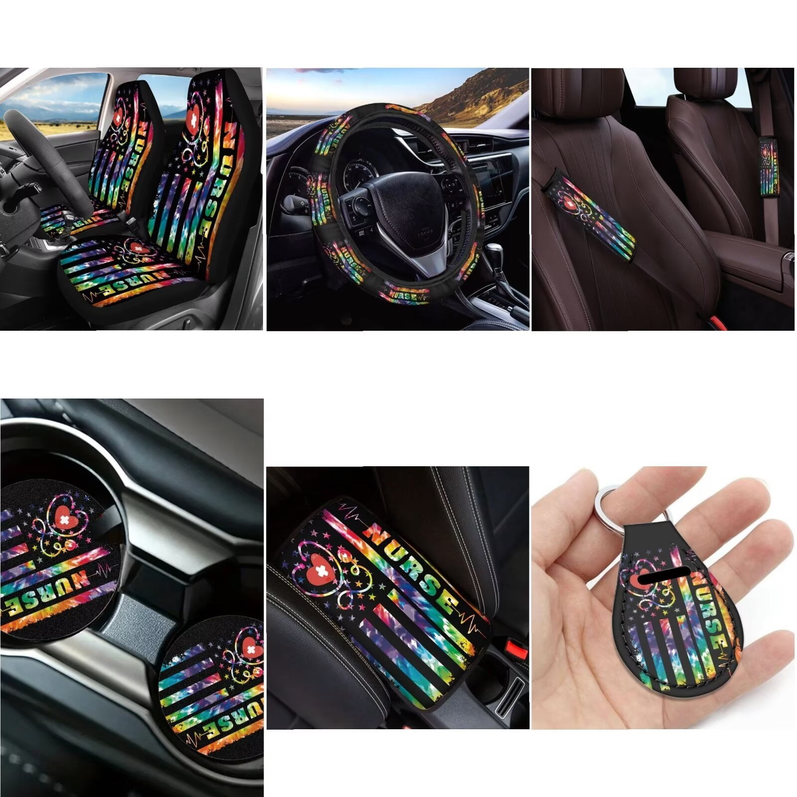 LedBack American Flag Car Seat Covers Full Set Tie Dye Front and Back Seats Protectors Covers with Steering Wheel Cover Seat Belt Cover Cup Holder Coasters Keychain Universal for SUV Truck Sedan