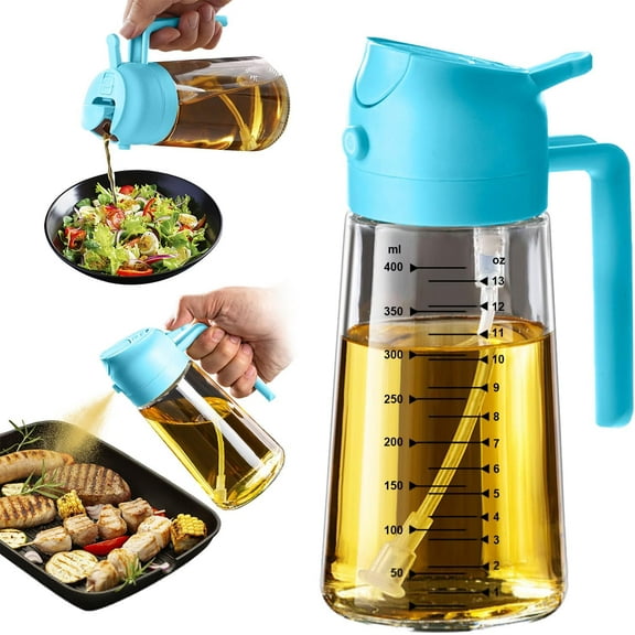 PrimeCook Shop 16oz/470ml Glass Olive Oil Sprayer for Cooking – 2 in 1 Olive Oil Dispenser Bottle for Kitchen Gadgets and Air Fryer Accessories, Salad, BBQ - Sky Blue