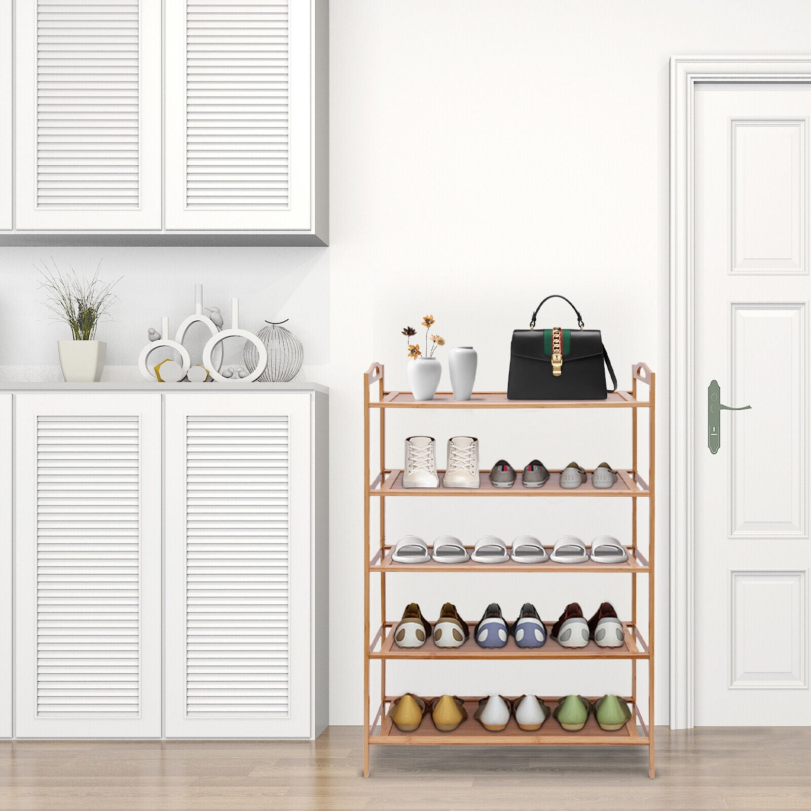 Modern 5 Tier Brown Shoe Rack Floor Mount Bamboo MDF Entryway Shoe Shelf Cabinet Shoe Storage Organizer for About 15 Pairs of Shoes