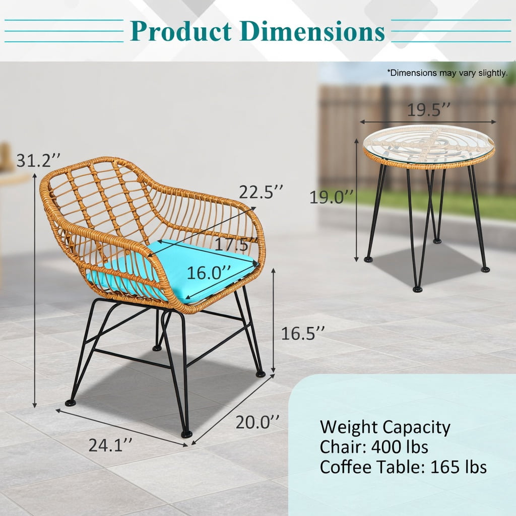 Hommoo 3-Piece Rattan Outdoor Furniture Set, 2 Cushioned Chairs + Tempered Glass Coffee Table, Turquoise