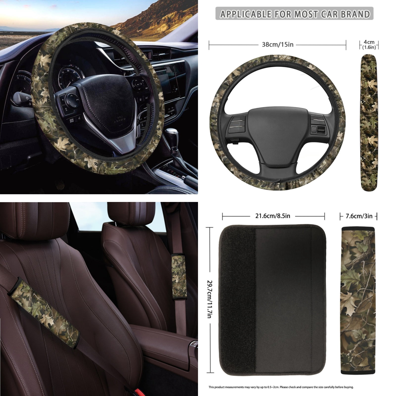 Yuyamidu Camo Hunting Car Seat Cover Set 16 PCS Wood Steering Wheel Cover Seat Belt Cushion Pad Gear Shift Hand Brake Cover Rearview Mirror Cover Coasters Keychain Sun Shade for SUV Van Truck