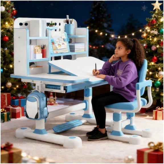 YNCE 2025 Upgraded Kids Study Desk and Chair Set, 50 Degree Tiltable&Height Adjustable Kids Desk with Storage Drawers and Bookshelf (Blue #6)