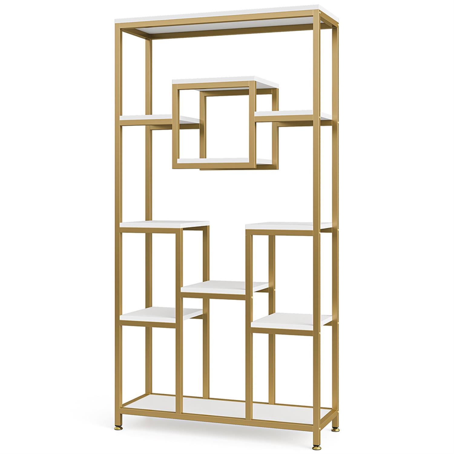 Demi Bonn 11 Tier Bookshelf, Wood and Metal Bookcase Storage Organizer, 71" Tall Display Standing Shelf Unit for Bedroom, Living Room, Gold