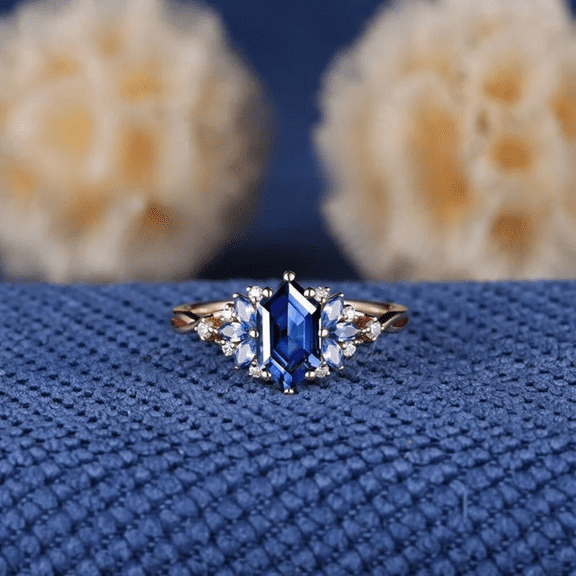Hexagon Cut Blue Sapphire Floral Engagement Ring in 14k Rose Gold Vermeil - Cluster Wedding Ring For Womens - September Birthstone Jewelry