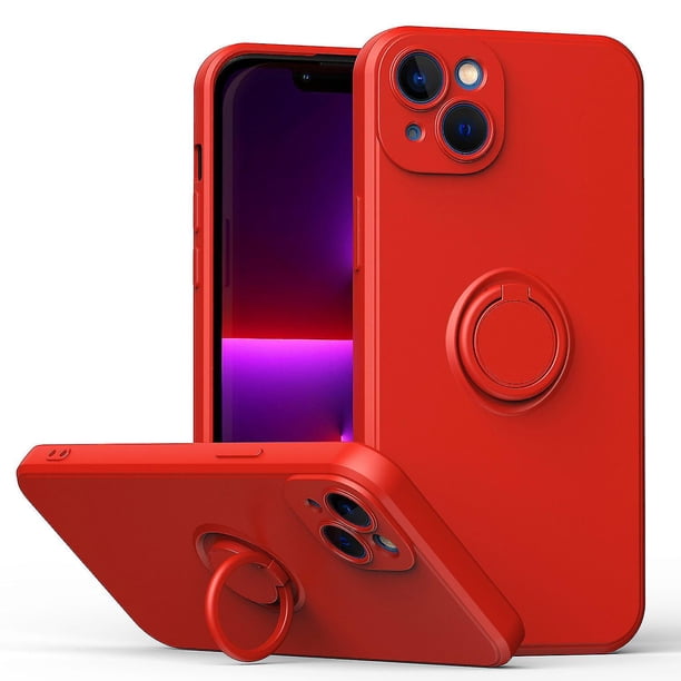 Funda de color sencillo para iPhone 14 Plus con soporte de anillo, placa metálica para carga magnética, diseño antigolpes y soporte giratorio de 360 grados.