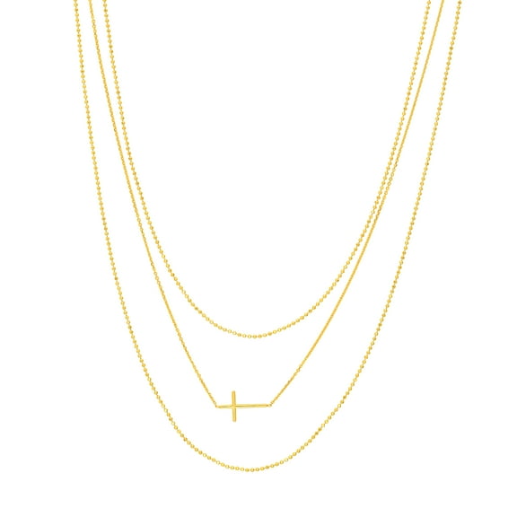 Honey Crush Real 14K Yellow Gold Mixed Triple Strand Cross Layered Chain Necklace (13x8mm, 16-18in)