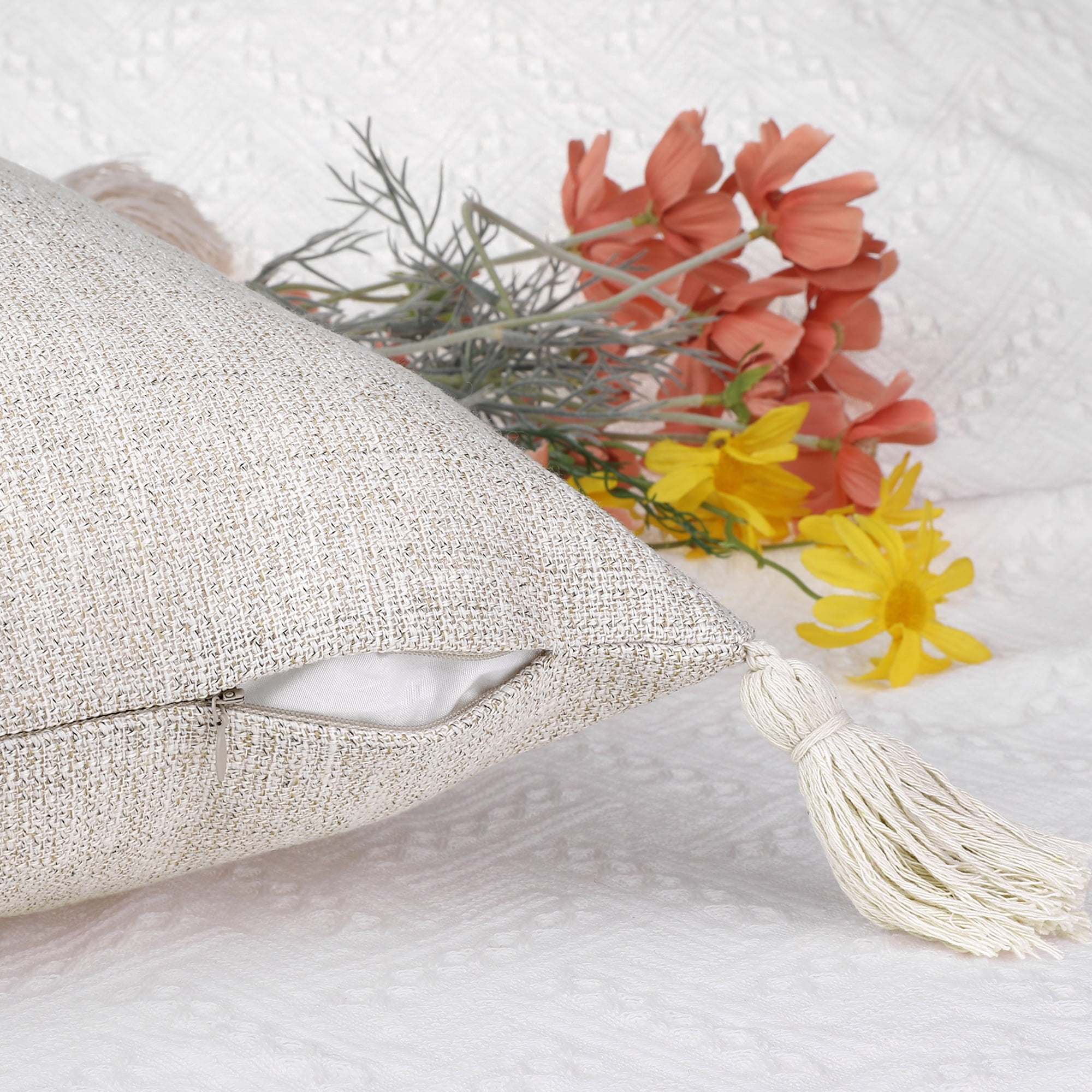 Unique Bargains Linen Fringe Cushion Cover Throw Pillow Covers with Tassel Design 2 Pcs White 18" x 18"