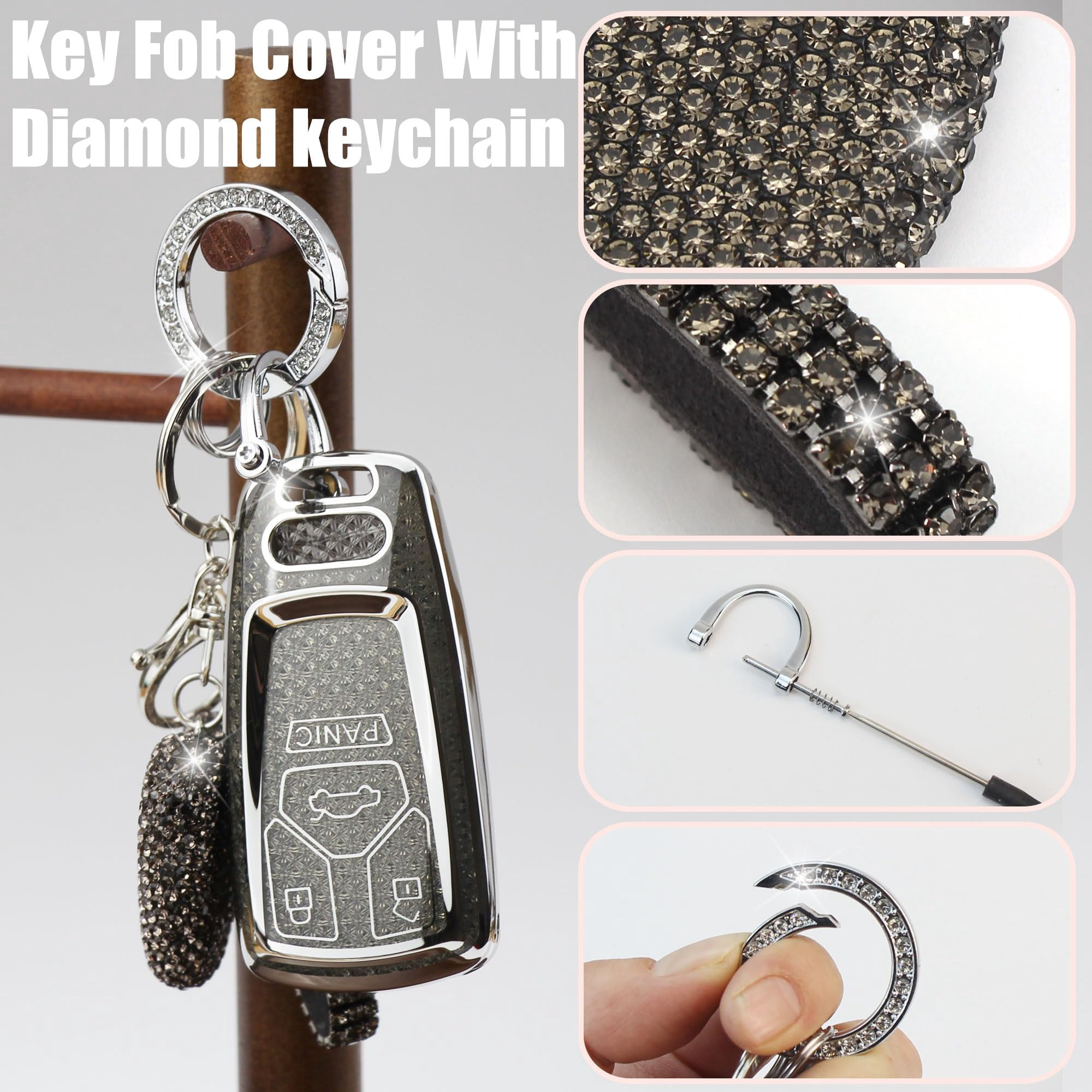 Key Fob Cover with Diamond Keychain Car Key Holder Compatible with Audi A4 A5 A6 A7 A8 /S4 S5 S8 SQ5 SQ7/RS4 RS5 R8 TTRS TTS TT/B9 C8 D5 F5 Q2 Q5 Q7/FY 4M FV, 4 Buttons