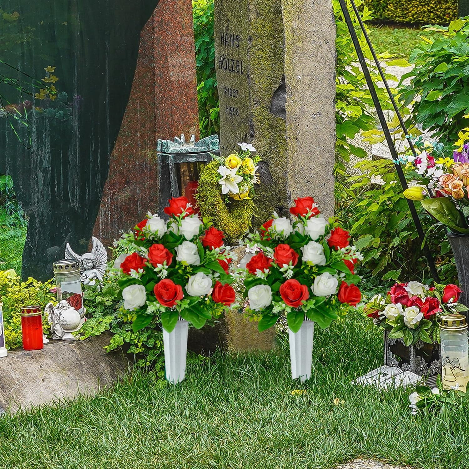 Artificial Cemetery Flowers, Set of Artificial Rose Bouquet Graveyard Memorial Flowers with Vase for Cemetery Headstones Decoration (White&Red-Pcs)