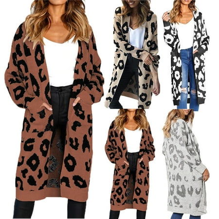 - Women's Long Cardigan Sweater Leopard Print Open Front Long Sleeve Loose Coat