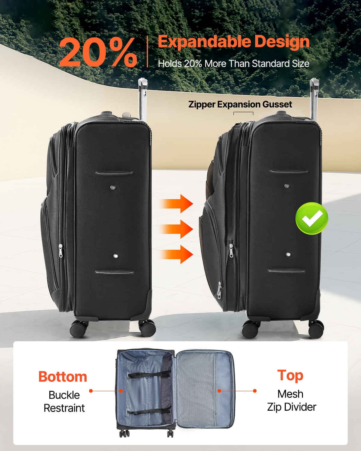 VEVOR Softside Expandable Luggage with Spinner Wheels, 28-Inch Softside Checked Large Luggage, Lightweight Checked Suitcase with Expandable Zippered Pocket and TSA Lock, Black