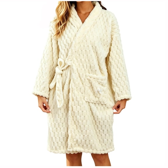 SHTXOZHI Womens Knee Length Bathrobes Long Sleeve Fleece Robes Cute Side Tie Homewear Solid Color Warm Sleepwear