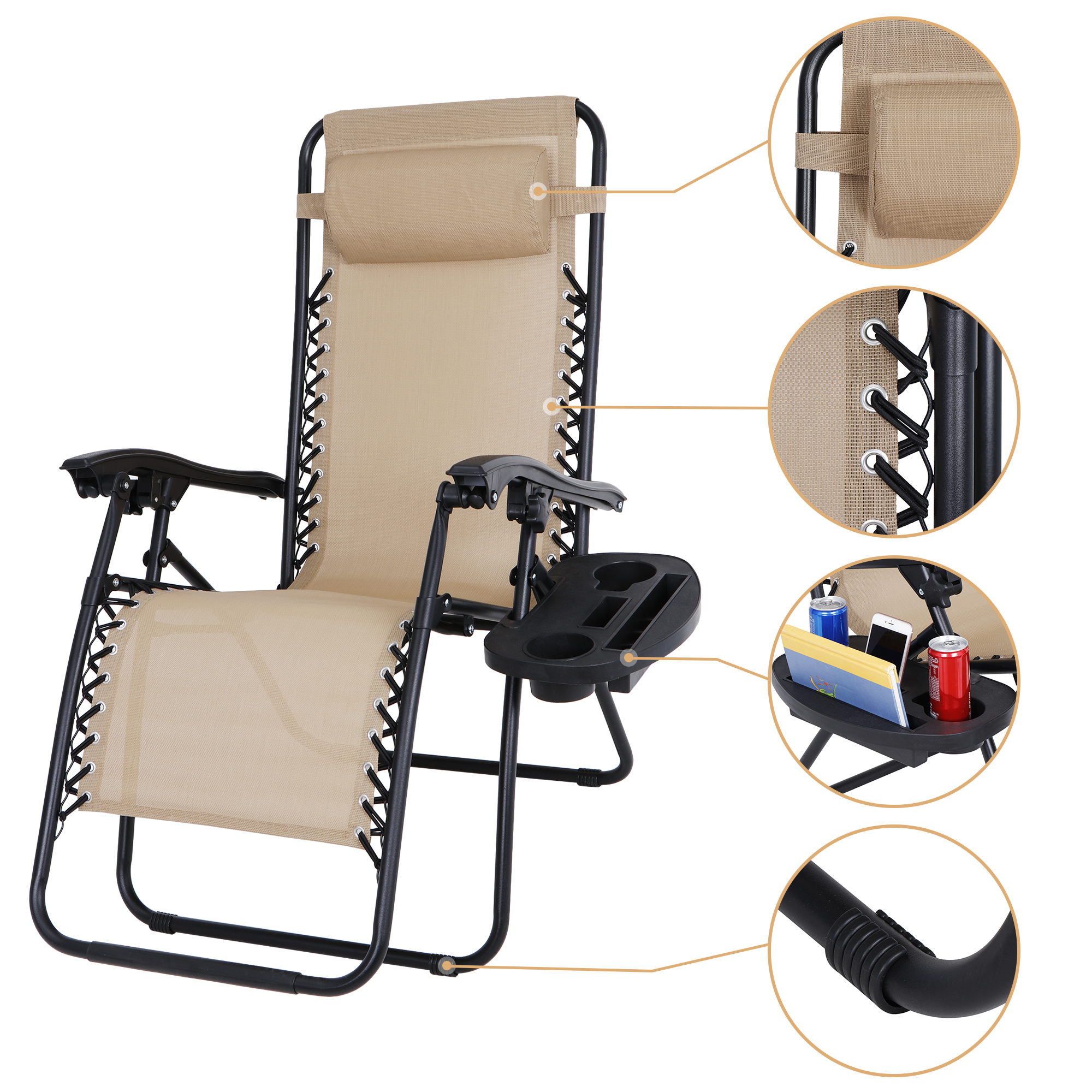 ZENSTYLE Set of 2 Adjustable Recline Chairs Zero Gravity Patio Beach Lounge 330LBS W/ Cup Holders Beige - image 4 of 9
