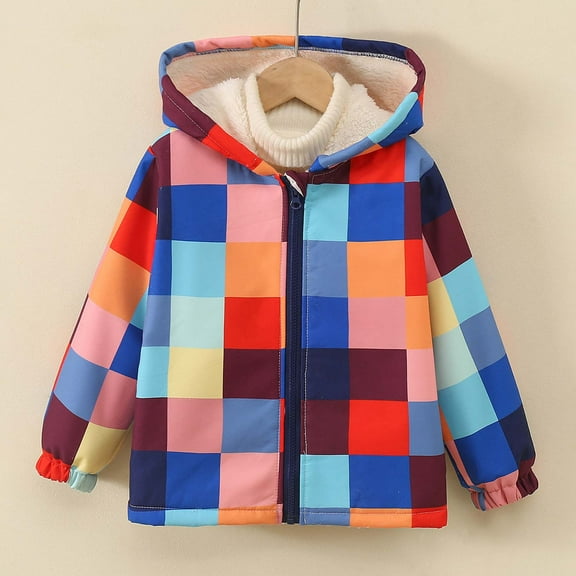 Girls Jackets Windproof Lined Cozy Patchwork Print Zipper Pocket Hooded Long Sleeve Jacket for Outdoor Wear Multicolour 2 Years-3 Years