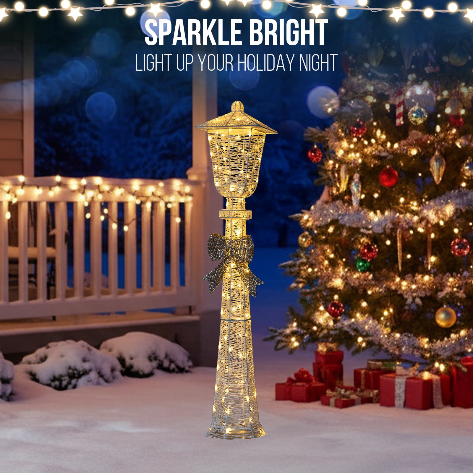 Lighted Lamp Post with Bowknot, 110 Warm White LED Christmas Decoration, White