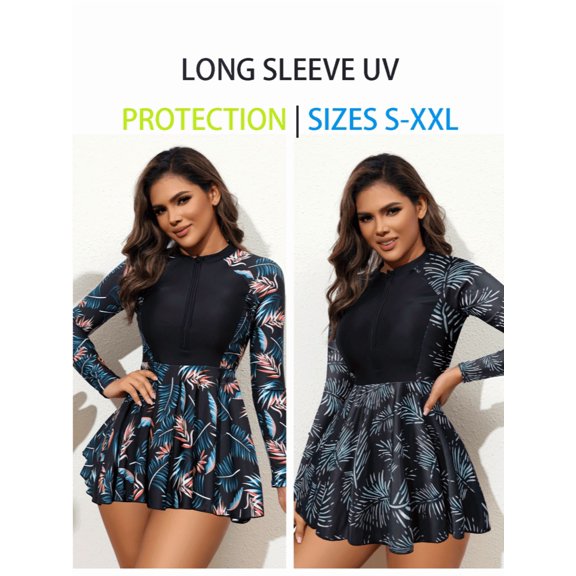 Women's Long Sleeve UV Protection Swim Tank Top, Zip Front Skirted Rash Guard Bathing Suit Top with Tropical Leaf Print