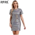 thumbnail image 2 of Vestido tipo camiseta para mujer, traje metálico brillante para discoteca, fiesta Rave, actuación en discoteca, cuello redondo, vestido recto de manga corta, 2 of 5