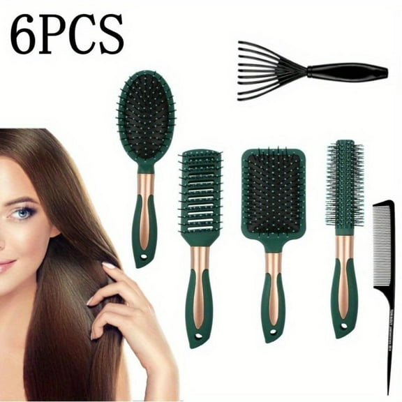 6Pcs Dark Green Paddle Hair Brush Comb Set for Women and Men, No Tangle Wet Hair Brushes for long, Curly or Straight Hair