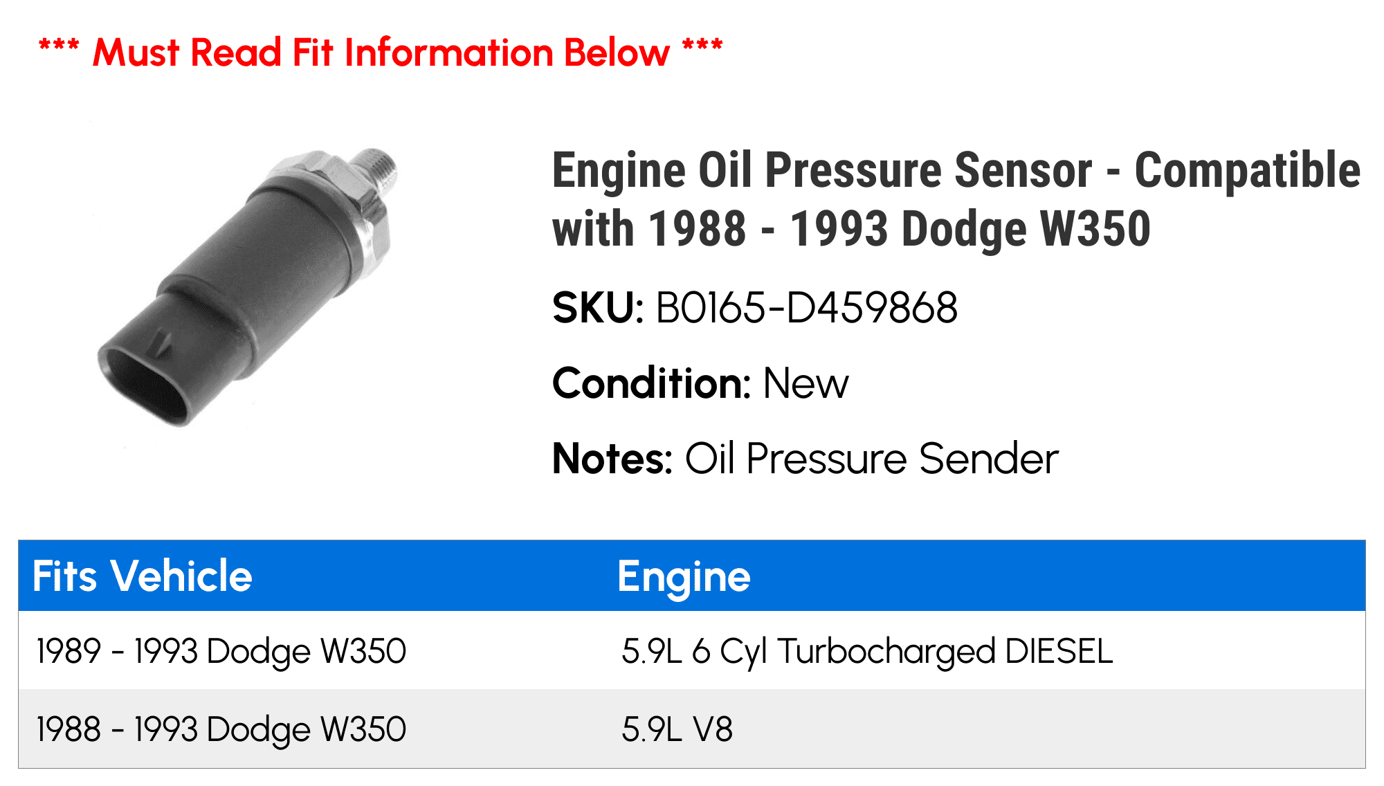Engine Oil Pressure Sensor - Compatible with 1988 - 1993 Dodge W350 1989 1990 1991 1992