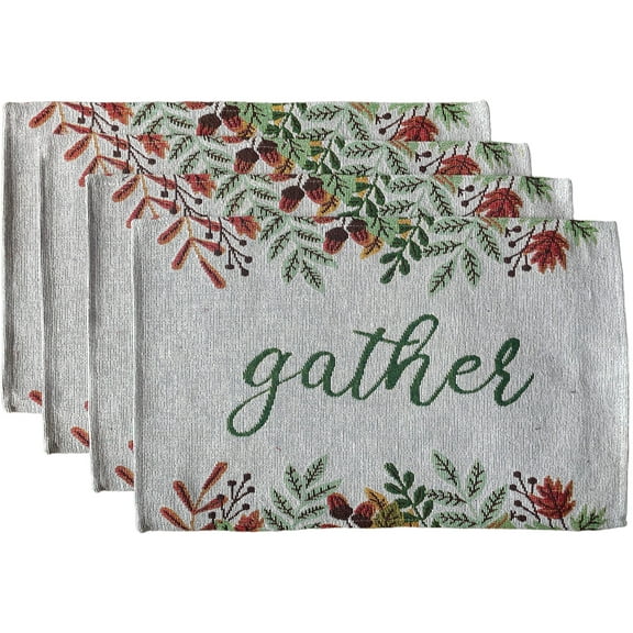 Set of 4, Harvest Collection with Gather with Leaf Design Tapestry Placemats. Dining Table, Table mat for Dining Room Easy to Clean, Machine Washable Size: 13” x 19”.