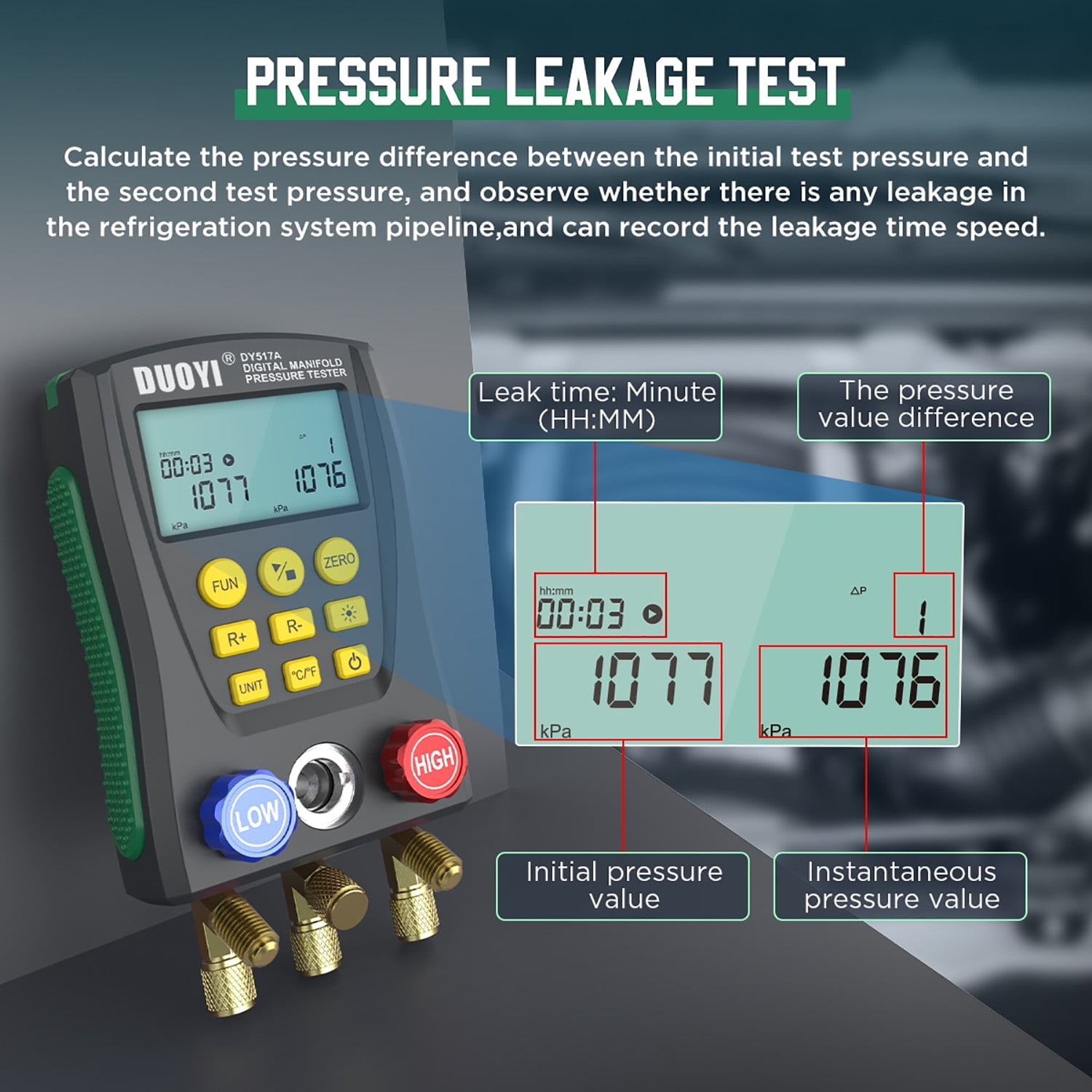 DUOYI DY517 Digital Manifold Gauge, 1-Piece HVAC Refrigeration Pressure Temperature Tester with Smart Features for 89 Refrigerants