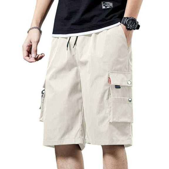 Men's Camouflage Casual Cargo Shorts, Loose-Fit Knee-Length Outdoor Shorts with Lace-Up Detail & Multi-Pocket Design ,Beige L
