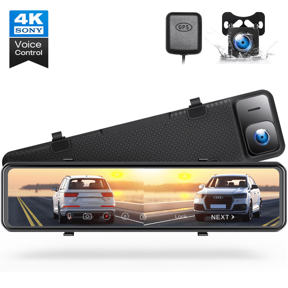 TOGUARD Rear View Mirror Camera, 12" Touch Screen 4K 1080P Front and Rear Dash Cam, Parking Assist, Parking Monitoring, GPS