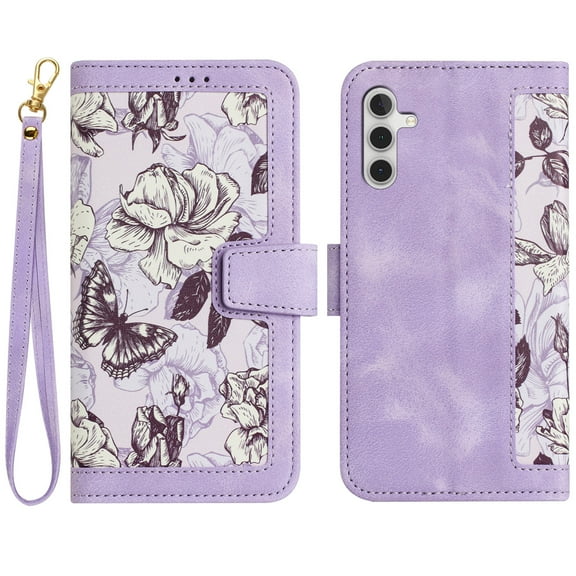 TECH CIRCLE Classic Flower Case for Samsung Galaxy A54 5G (6.4-inch) 2023 - Protective Lightweight Wallet Phone Case with [Card Slots /Wrist Strap] Fold Stand Portable Cute Leather Cover, Purple