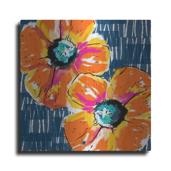 Luxe Metal Art 'Orange Poppies on Blue' by Linda Woods, Metal Wall Art, 24"x24"