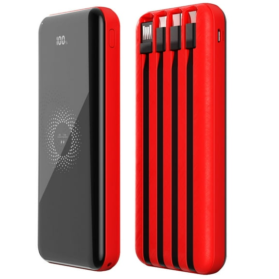 NIFFPD Wireless Portable Charger Power Bank 10000mAh ,Phone Charger with Built in 4 Cable, USB-C-Wireless Charging Compatible with iPhone, Samsung, iPad Red