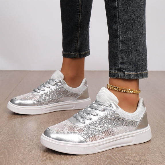 CHWshoes Glitter Sparkly Low Top Sequins Lace Up Tennis Shoes Comfort Bling Fashion Shiny Walking Shoes Silver Size 38