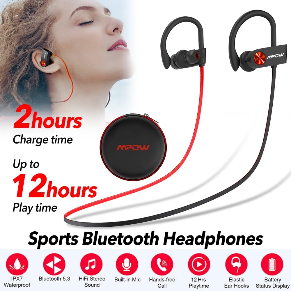 Mpow Wireless Sports Earbuds, Flame Bluetooth 5.3 Headphones with Mic IPX7 Waterproof Stereo Sweatproof in-Ear Earphones, Noise Cancelling Headsets, Black&Red