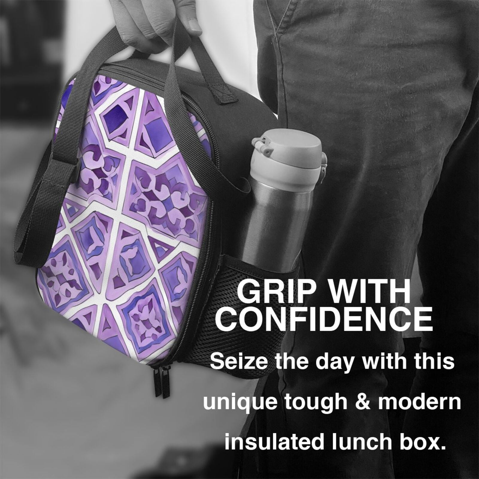 Thermal Insulation One Shoulder Portable Bento Bag Can Be Reused 8×10.5in For Carrying Drinks Bento Box Fruit Snacks Mediumpurple Moroccan Trellis Hand-Drawn Sketch_3