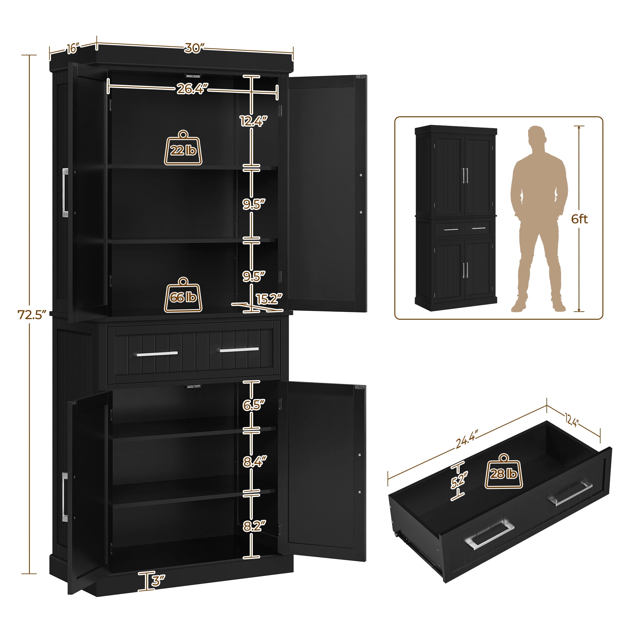 Renwick Freestanding 72.5'' Pantry Cabinet with Doors and 2 Adjustable Shelves, Black