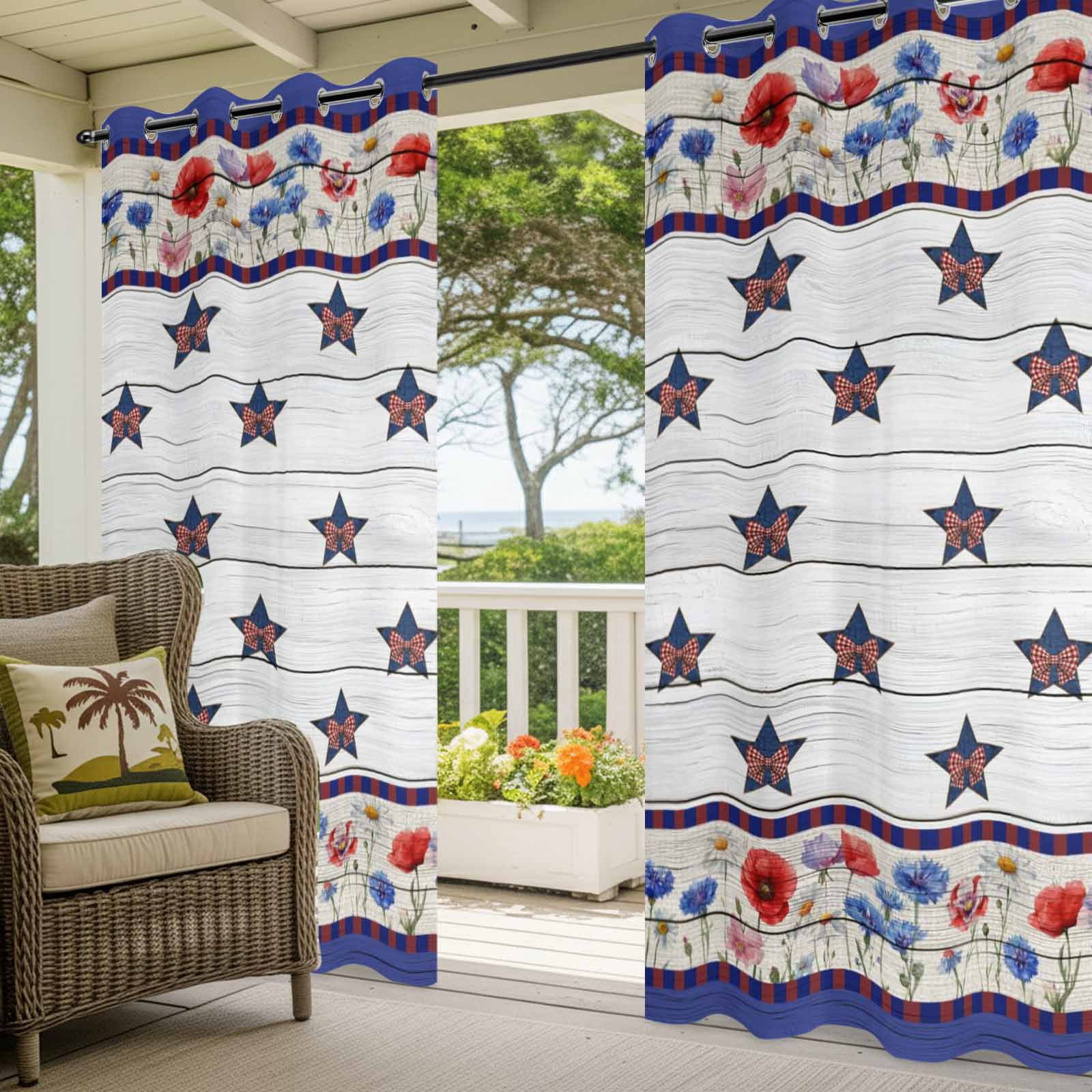 Vintage Star Outdoor Curtains for Patio, Red Blue Bow Country Stars Poppy Floral Wood Grain Sunshade Privacy Drapes Grommet Waterproof Outside Curtains for Porch/Cabana/Balcony 54"x 108", 1 Panel