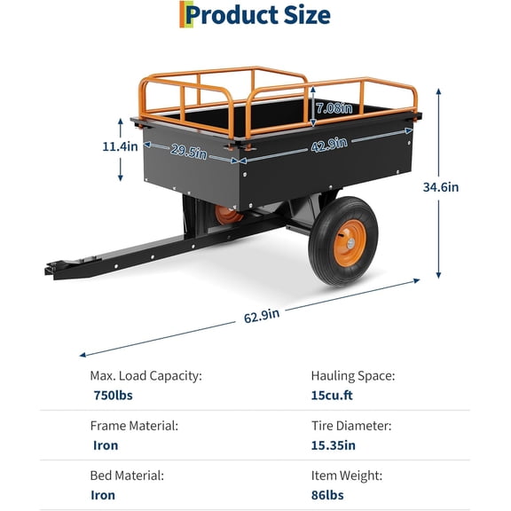 Acekid Tow Behind Dump Cart - 750 Lbs Capacity Steel Utility Dump Trailer with Removable Sides, Black