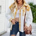 thumbnail image 7 of IROINNID Women's Short Woolen Jacket Print Long Sleeve Winter Plaid Buttons Patchwork Coat, Yellow, 7 of 7