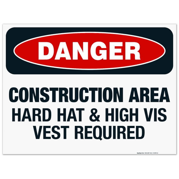 Construction Area Hard Hat & High Vis Vest Required Sign, OSHA Danger ...