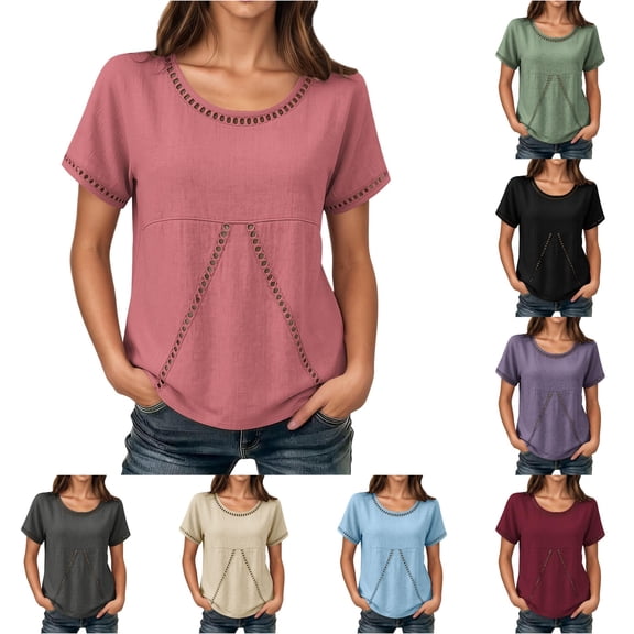 DHFJKG Linen Tops For Women Short Sleeve T Shirt Casual Hallow Out Crew Neck Loose Fit Solid Color Basic Tee Comfy Top