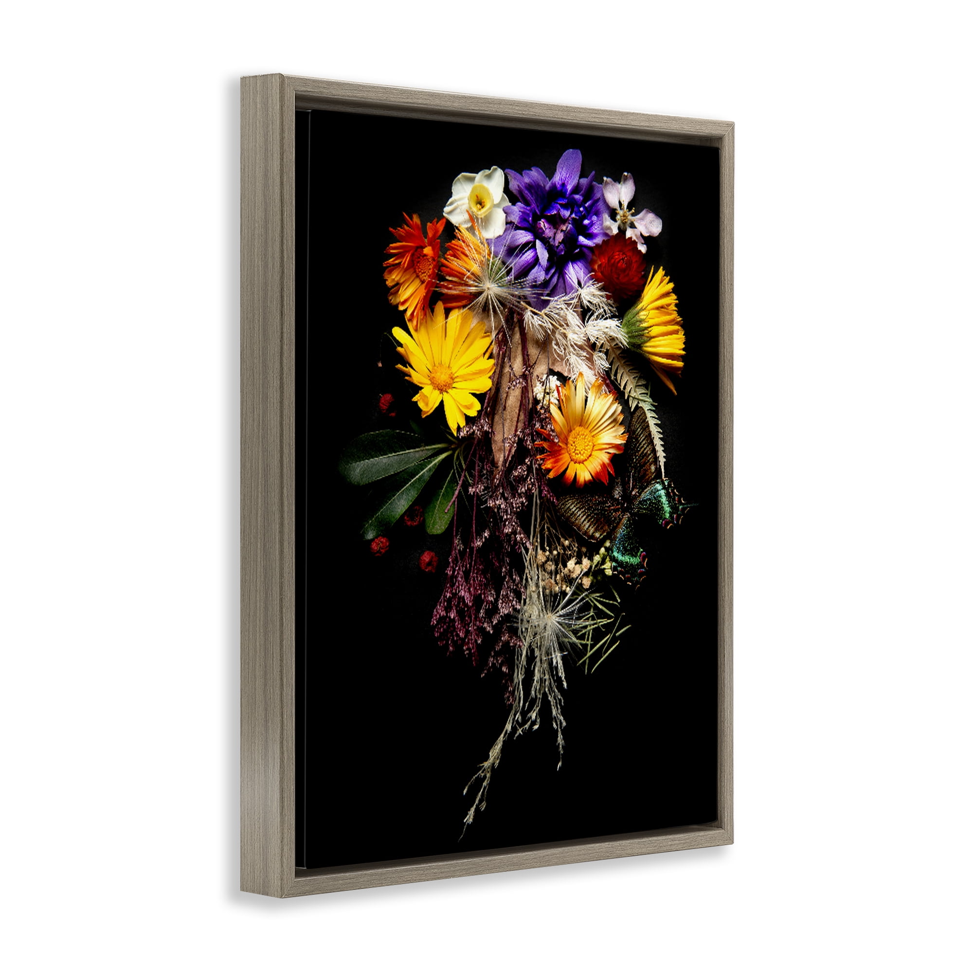 Stupell Industries Butterfly Adorned Arrangement Brown Framed Floater Canvas Wall Art, design by Carl Kravats