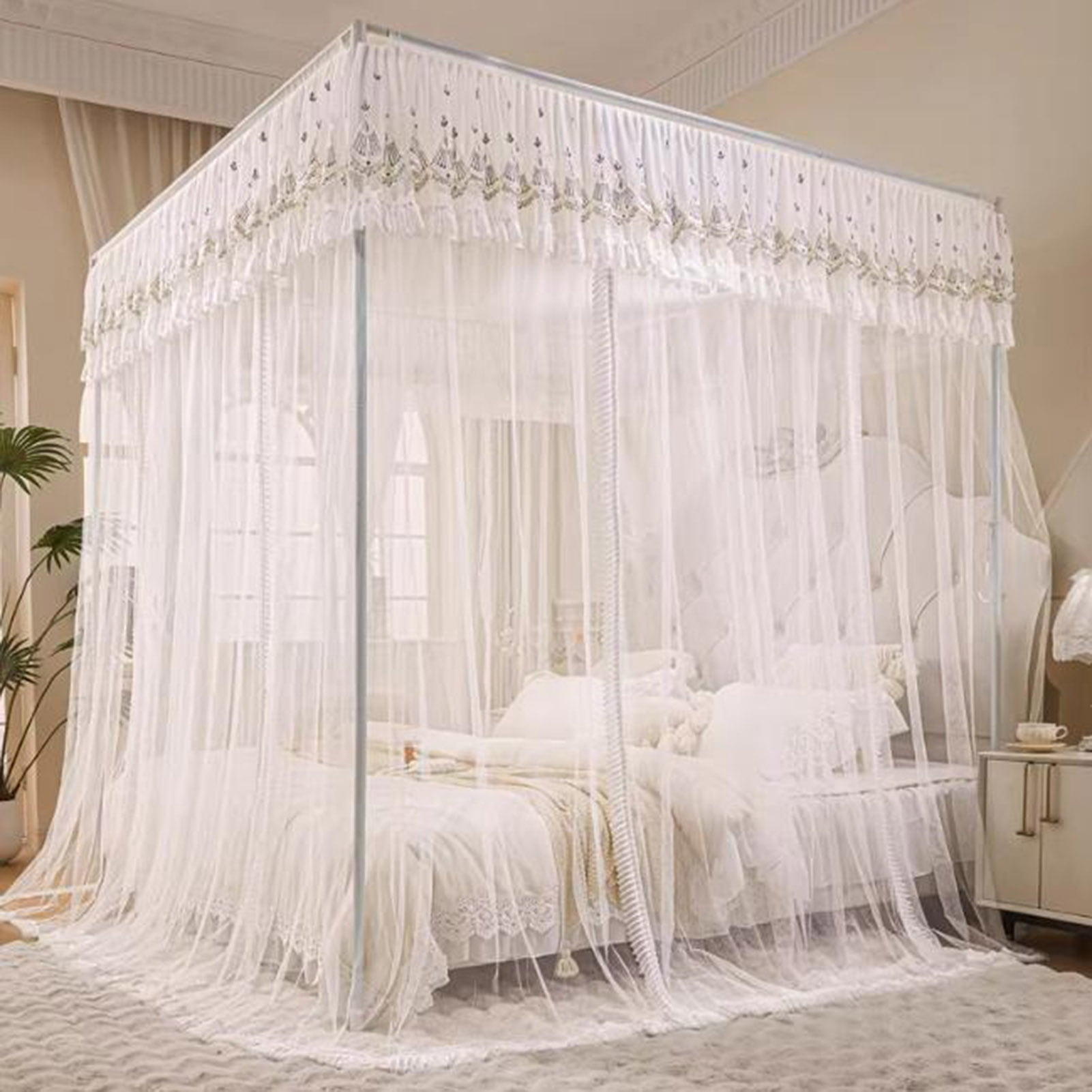Floor Standing Mosquito Net Bed Canopy,4 Corner Post Three-Door Bed Canopy, Cozy Breathable for Girls Adults Bedroom Decoration