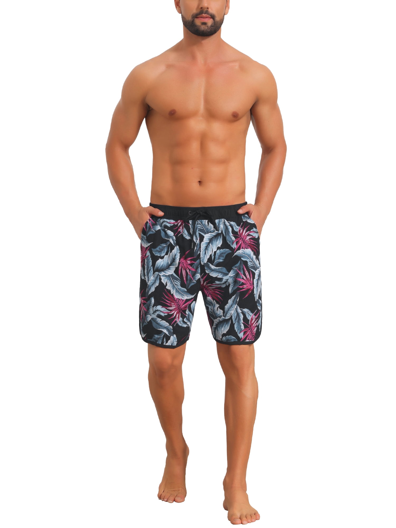 INSPIRE CHIC Men's Printed Elastic Liner Drawstring Swimming Shorts with Pockets 30 Black Red