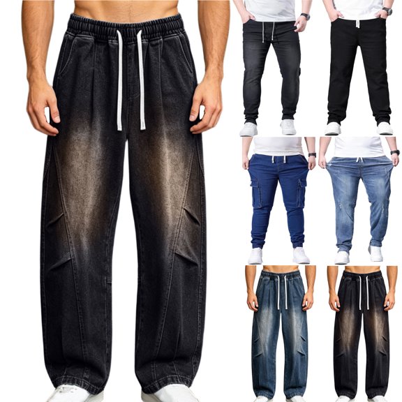 Dvprdro Mens Denim Wide Leg Sweatpants Elastic Waist Open Bottom Drawstring Sweat Pants Loose Fit Casual Athletic Trousers Washed Joggers with Pocket