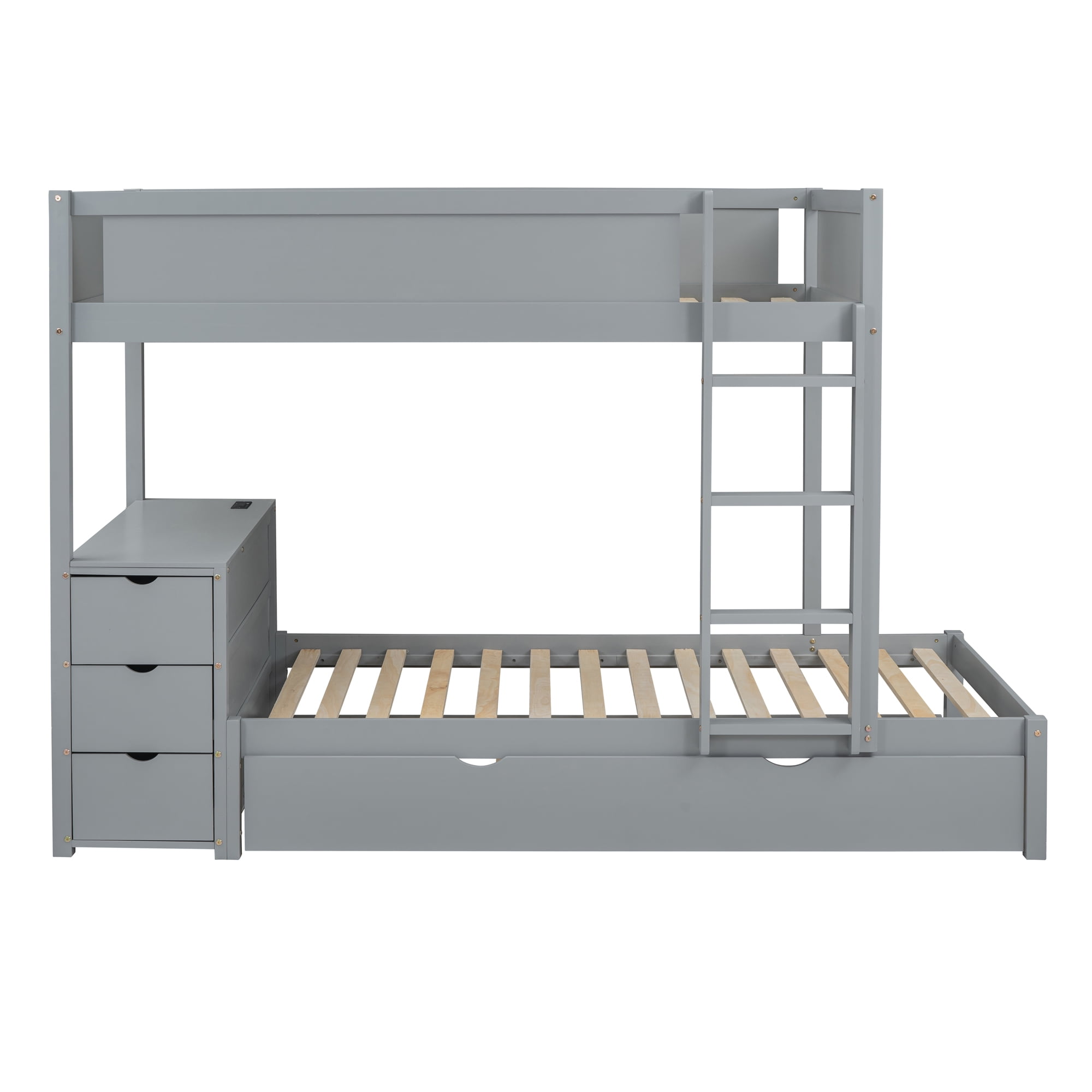 Aukfa Twin Over Twin Bunk Bed with Trundle and USB Charging Station, Wood Bed Frame with Build-in Desk&Storage Drawers for Kids Bedroom, Gray