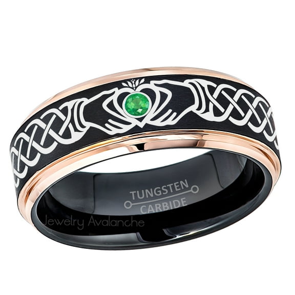 Claddagh Tungsten Ring - 2-Tone Rose Gold And Black Tungsten Carbide Wedding Band - 0.07ct Emerald Tungsten Ring - Personalized Tungsten Wedding Ring - Custom Made May Birthstone Ring TN779CLDs12