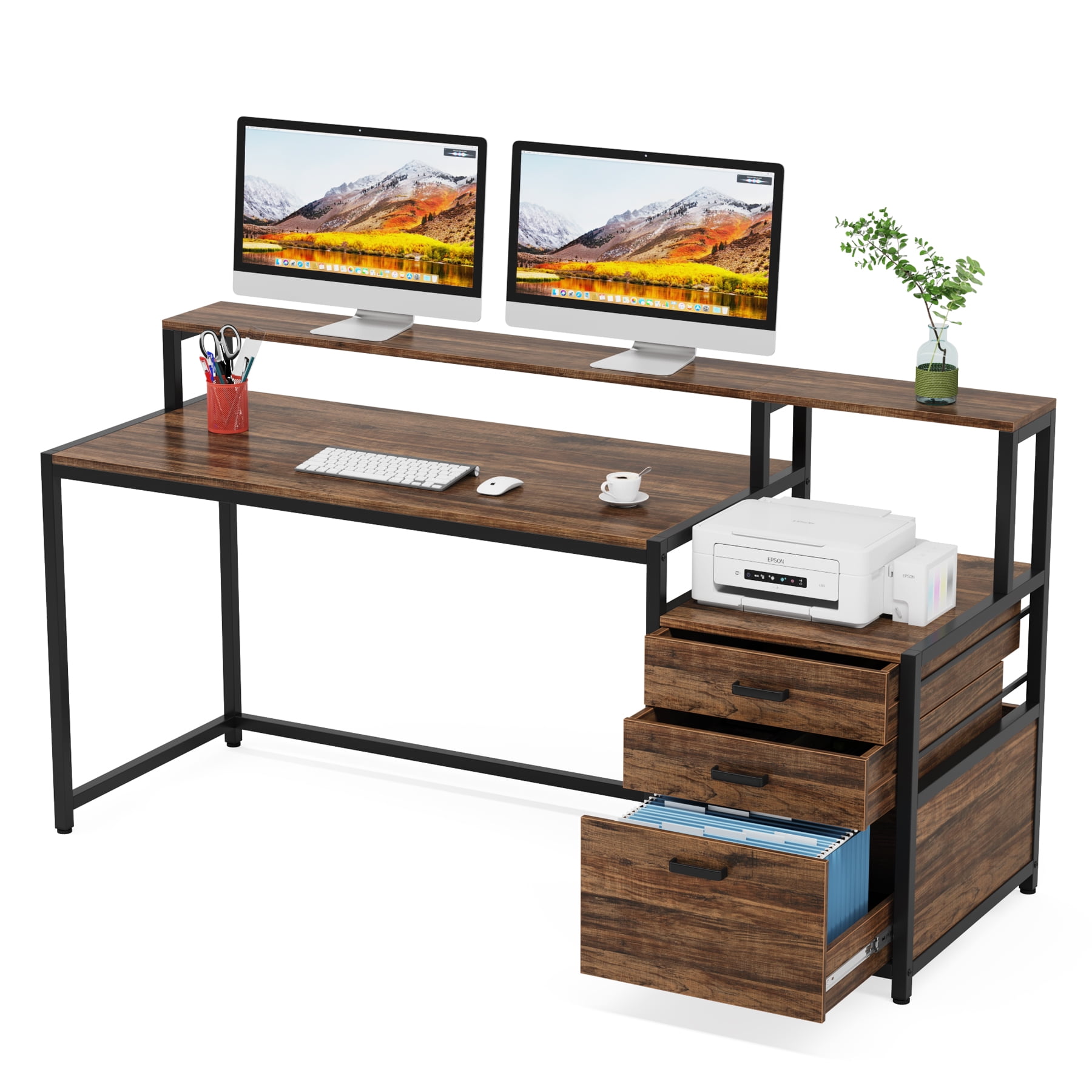 Tribesigns 63 Inch Computer Desk with Monitor Stand, Ergonomic Office Desks with Drawers File Cabinet
