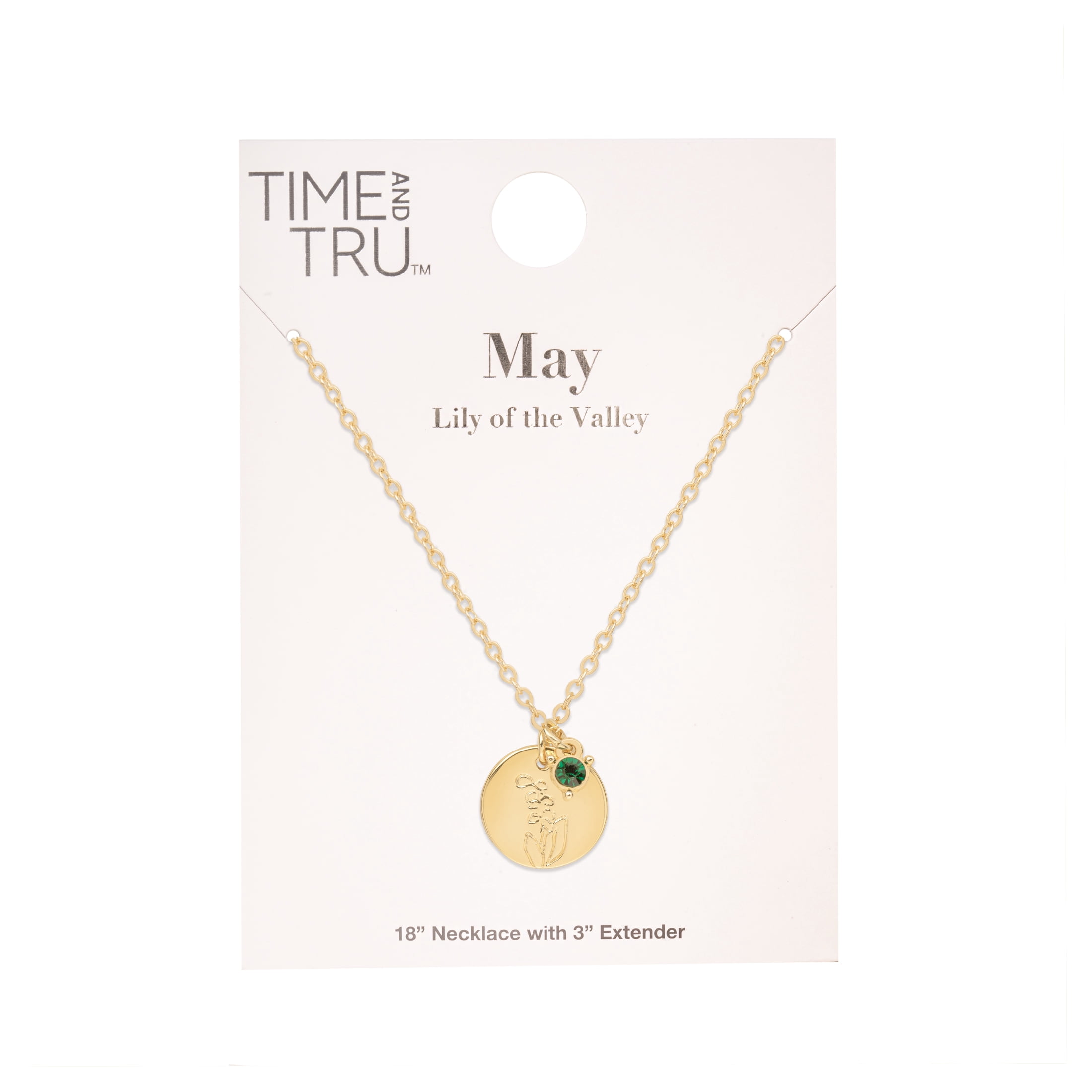 Time and Tru Women’s May Birthstone Necklace, Gold Tone Chain with Emerald Stone & Lily of the Valley Flower
