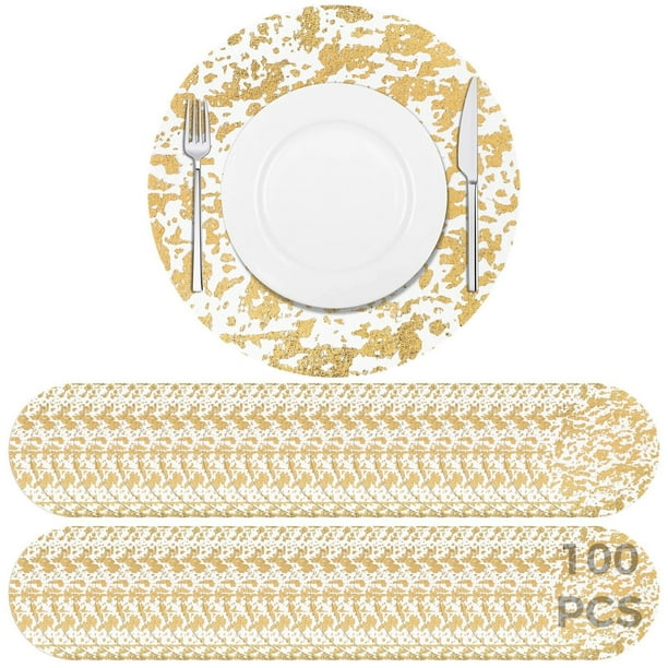 Juego de 100 tapetes desechables para platos de comedor, juego de manteles individuales con cuenco dorado, tapetes de mesa prensados de malla de aluminio de 13 para bodas y cumpleaños