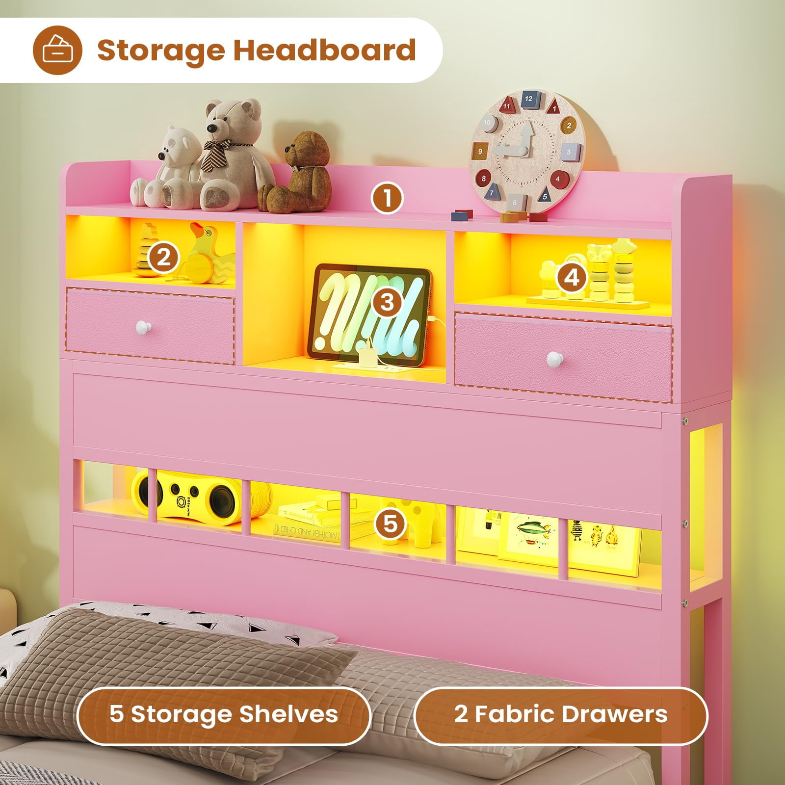 Afuhokles Twin Size Platform Bed Frame with Storage Headboard and Charging Station, Pink